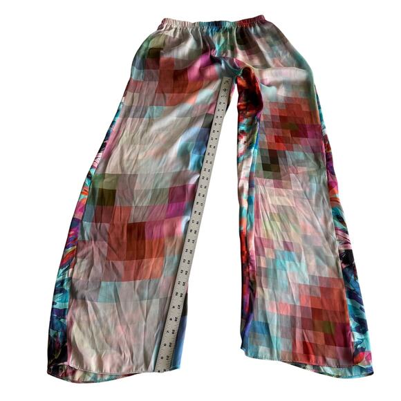 Aum Couture Bold Colorful Resort Pixel Floral Pull On Silky Wide Leg Pants M - Picture 5 of 7